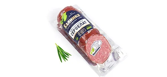 Сервелат, ГОСТ, 0,35 кг, срез, шт  в исскуственной оболочке